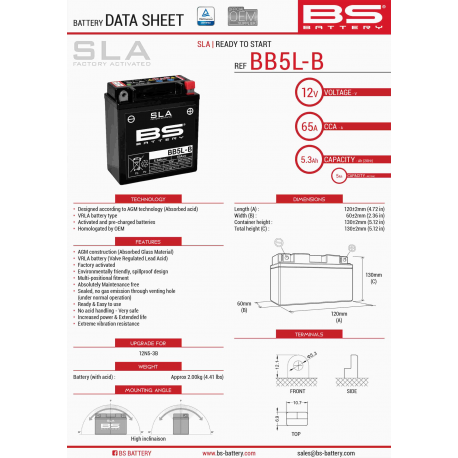 BS, akumulátor BB5L-B (FA) (YB5L-B) (12N5-3B) 12V 5AH 120X60X130, bezúdržbový - naplněný (65A) (6)