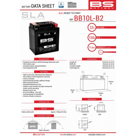 BS, akumulátor BB10L-B2 (FA) (YB10L-B2,YB10L-A2) 12V 11AH 136X91X146, bezúdržbový - naplněný (160A) (4) - nahrazuje 300834
