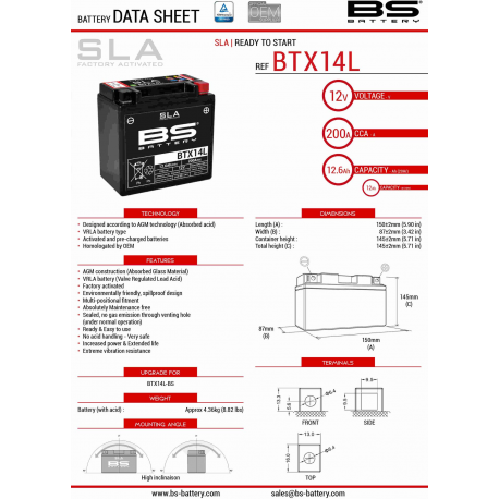 BS, akumulátor BTX14 (FA) (YTX14-BS) 12V 12AH 150X87X145, bezúdržbový - naplněný (200A) (4)