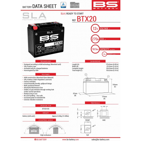 BS, akumulátor BTX20 (FA) (YTX20-BS) 12V 18AH 175X87X155, bezúdržbový - naplněný (270A) (4)