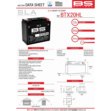 BS, akumulátor BTX20HL (FA) (YTX20HL-BS) 12V 18AH 175X87X155, bezúdržbový - naplněný (270A) (4)
