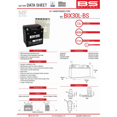 BS, akumulátor BIX30L-BS (YTX30L-BS) 12V 30AH 165X125X175, bezúdržbový - elektrolyt samostatně (400A) (2) UE2019/1148