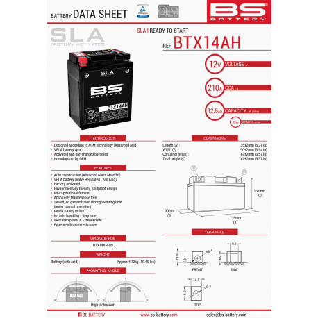 BS, akumulátor BTX14AH (FA) (YTX14AH-BS) 12V 12AH 135X90X167, bezúdržbový - naplněný (210A) (4)