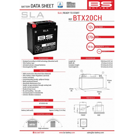 BS, akumulátor BTX20CH (FA) (YTX20CH-BS, YTX20A-BS) 12V 18AH 150X87X161, bezúdržbový - naplněný (270A) (4)