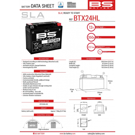 BS, akumulátor BTX24HL (FA) (YTX24HL-BS) 12V 21AH 205X87X162, bezúdržbový - naplněný (350A) (4)