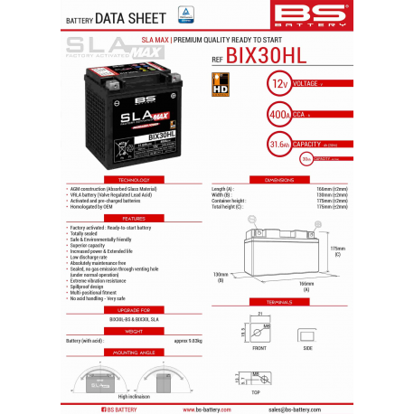 BS, akumulátor BIX30HL MAX (FA) (YTX30L) 12V 30AH 166X130X175, bezúdržbový - naplněný (zvýšený startovací proud) (400A) (2)