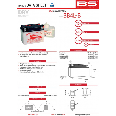 BS, akumulátor BB4L-B (YB4L-B) 12V 4AH 121X71X93, olověný (56A) (8) UE2019/1148
