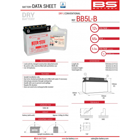 BS, akumulátor BB5L-B (YB5L-B) (12N5-3B) 12V 5AH 120X60X130, olověný (65A) (6) UE2019/1148