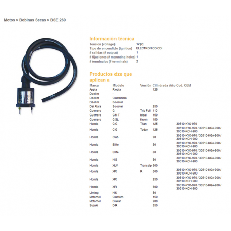 DZE, indukční cívka, Honda XL600V, XR600R, XR250R, Suzuki DR350 (OEM:30510-KGA-900)