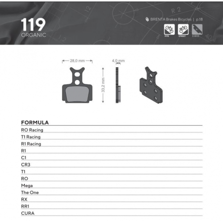 Brenta, cyklo brzdové desky, organické, určeno pro: Formula CURA, RO RACING, T1 RACING, R1 RACING,