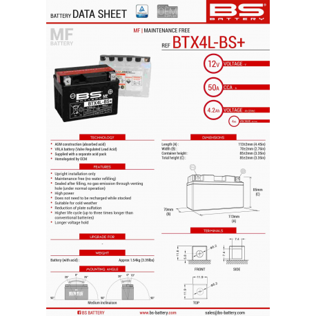 BS, akumulátor BTX4L-BS+ (YTX4L-BS) 12V 4AH 113X70X85, bezúdržbový - elektrolyt samostatně (50A) () (8) UE2019/11
